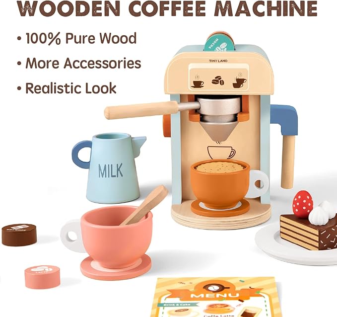 Tiny Land Kids Coffee Maker Wooden Kitchen Toys - 17Pcs Toy Coffee Maker Playset - Wooden Play Toys, Play Kitchen Accessories for Girls & Boys