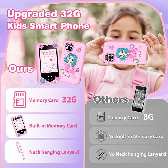 Kids Smart Phone Christmas Birthday Gifts for Boys Age 3-10 Dinosaur Toys Smart Phone 2.8" Touchscreen Built-in 32G SD Card Dual Camera 28 Learning Games Music Player MP3 Music Player