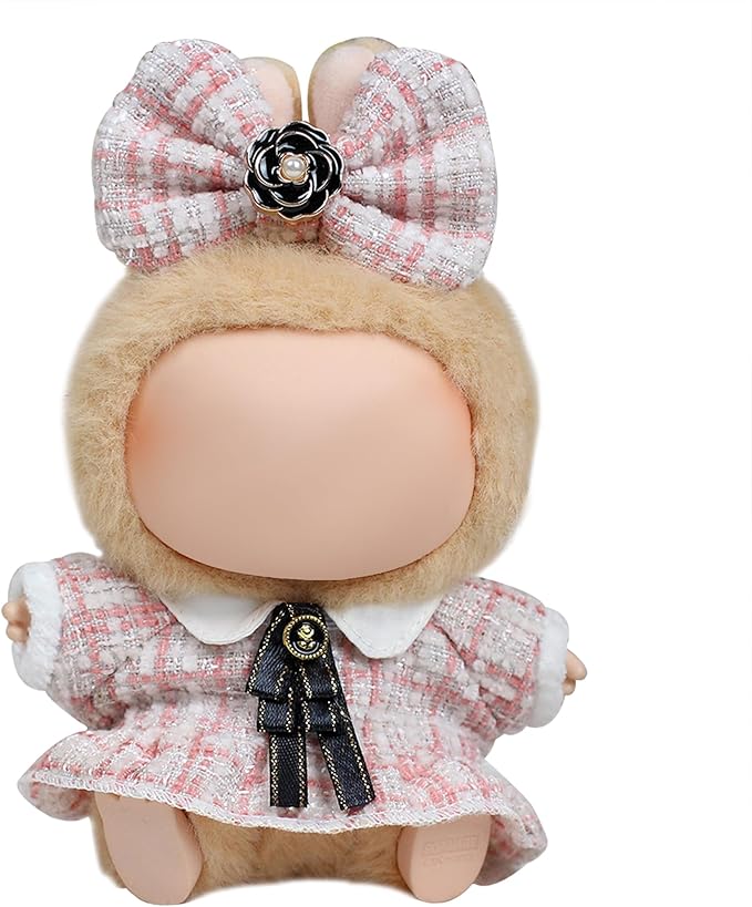 17cm Doll Outfits for Labubu - Luxury Chic Style Set for 17cm Dolls, Premium Doll Clothes with Accessories - Pink Plaid Tweed Dress + Black Necktie + Plaid Bow (Clothes Only)