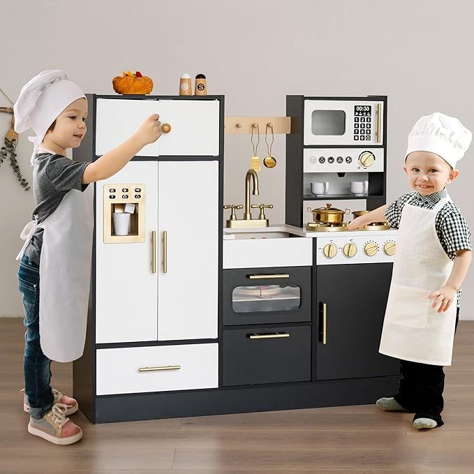 Wooden Play Kitchen Set for Kids – Interactive Pretend Toddler Kitchen Playset with 12 Kitchen Toy Accessories, Perfect for Ages 3+