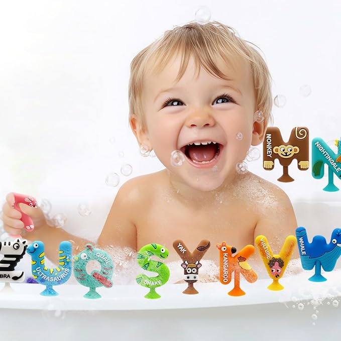 Suction Bath Toy for Toddler, 26PCS Animal Alphabet, Montessori Sensory Toy Gift for Kids Aged 3-12, Educational Spelling for Autism/ADD/ADHD,No Hole Bath Toy for Baby Toddlers