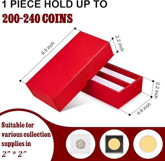 Henoyso 1 Pc Double Row Coin Box Holders for Collectors Storage Supplies Collecting Coin Cases, 9 x 2 x 2 Inch About Half Box Cases (Red)