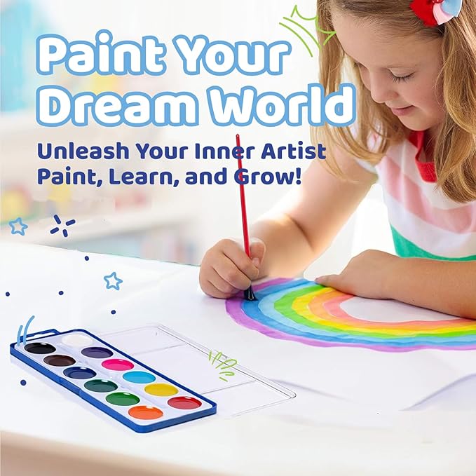 Pack of 24 Watercolor Paint - 12 Washable Paint Palettes (2oz/each) - Water Color Paint Sets for Kids - Ideal for Art Projects, School, Classrooms, and Home - Vibrant Colors and Easy Clean-Up