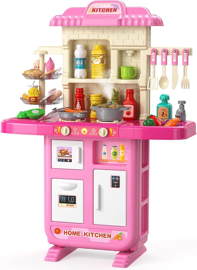 Kitchen Playset for Ages 3-6 4-8, Play Kitchen with Light and Sound, Sink Toy, Pretend Food Toys for Toddlers 3-5 Boys Girls 6-12 (Pink)