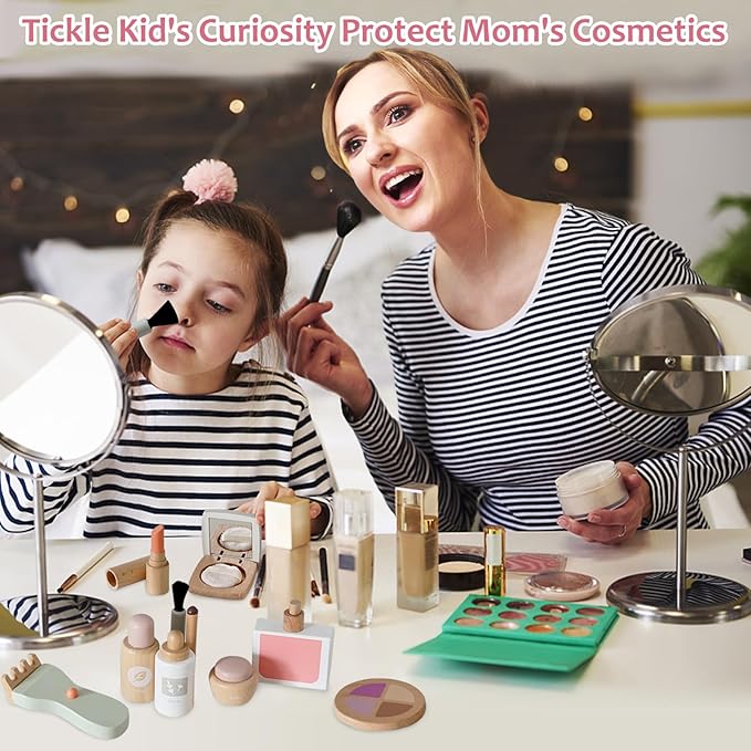 22 PCS Wooden Makeup Toy Set for Toddler Pretend Play,Wood Beauty Salon Toys Cute Wooden Makeup Kit with Realistic Accessories Gift for Girls 3 4 5 6
