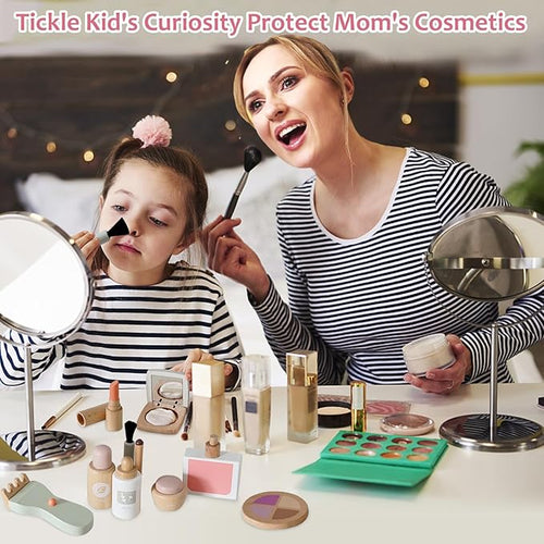 22 PCS Wooden Makeup Toy Set for Toddler Pretend Play,Wood Beauty Salon Toys Cute Wooden Makeup Kit with Realistic Accessories Gift for Girls 3 4 5 6