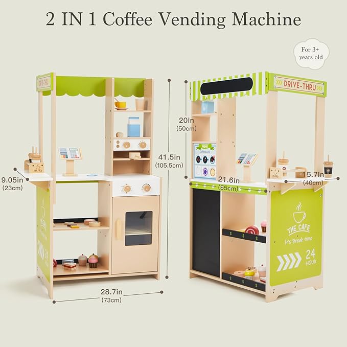 Frogprin 24 Pcs Pretend Play Coffee Shop, Kids Grocery Store Set, Wooden Drive-Thru Window, Coffee Maker, Oven, Cash Register, Bakery Toys Food Accessories Gift for Boys Girls 3+ Years Old