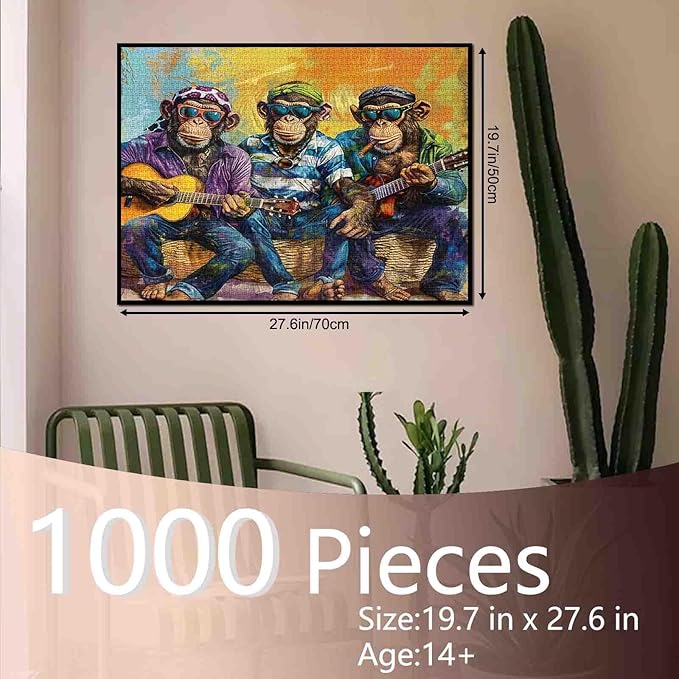 Tucocoo 1000 Piece Jigsaw Puzzles for Adults Guitar Monkey Painting Jigsaw Puzzle Funny Animal 1000 Pieces Puzzles for Challenging Family Activity Game Happy Musical Art Wall Decor DIY Puzzle Gifts