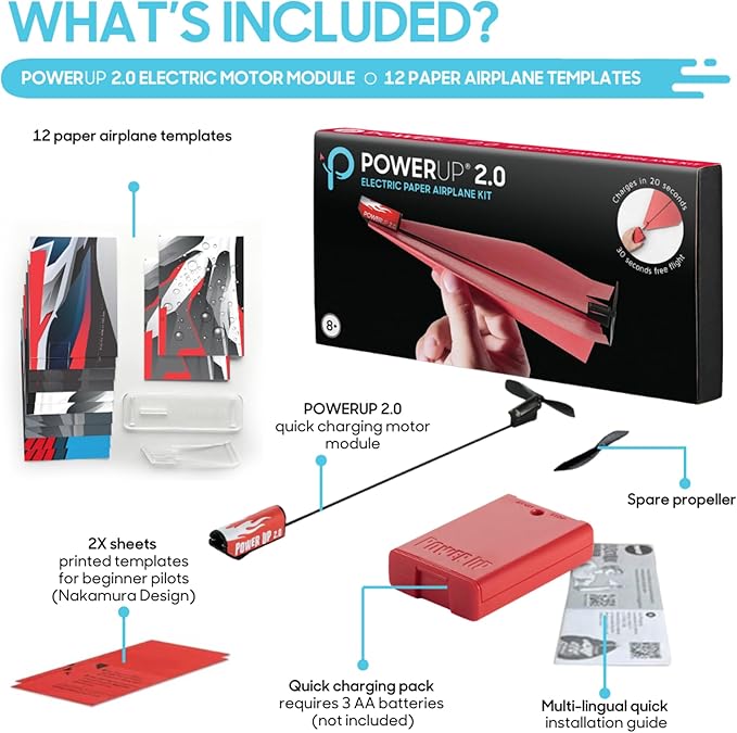 POWERUP 2.0 Paper Airplane Conversion Kit | Electric Motor for DIY Paper Planes | Fly Longer and Farther | Perfect for Kids & Adults | Ready to Use Aeroplane Engine Kits | 2.0 Multicolor