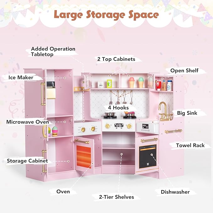 Corner Play Kitchen for Kids, Wooden Toddler Kitchen Playset with Ice Maker, Oven, Sink, Range Hood with Light, Ultimate Pretend Play Toy Kitchen Set Gift for Boys Girls Age 3+, Pink
