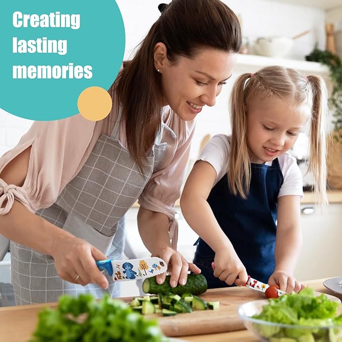 Kibbidea Kids Knife Set for Real Cooking, 4pcs Kids Safe Kitchen Cutting Knives, Stainless Steel Blades, Children First Starter knife, BPA-free (Multicolor)