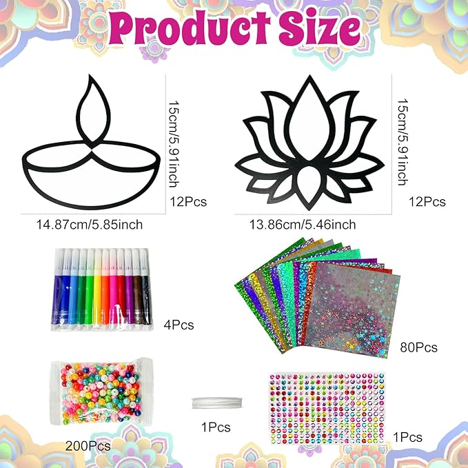Cinrobiye 24 Set Happy Diwali Craft Kits Diwali Party Favors Foil Art DIY Lotus Flower Hanging Ornaments Festival of Lights Deepavali Paint Craft for Indian Temple Sunday Classroom Activity Supplies