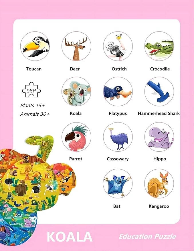 PINU Jigsaw Puzzles for Kids Ages 3-5, 6-8, 8-10, Children Colorful Fun Animal Shaped Puzzle Learning Educational Toys Gifts Games for Boys and Girls (Koala-96 PCS)