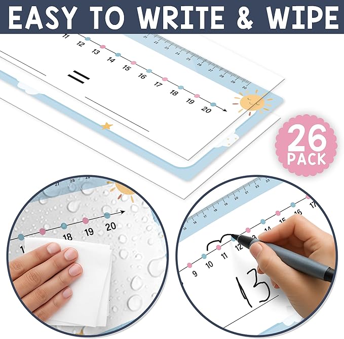 26 Pack Boho Number Line Dry Erase Boards Cards, 14"x4", Double-Sided, Math Manipulatives for Kids, Student, Kindergarten Elementary Special Education 1st Grade Classroom Must Haves