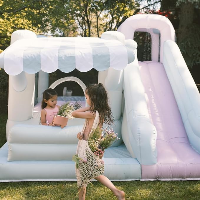 PLAYSMOL Market Splash Water Slide Bounce House, Inflatable Water Slide with Climbing Wall & Sprinkler, Features Market Counter for Pretend Play, Ages 3-8