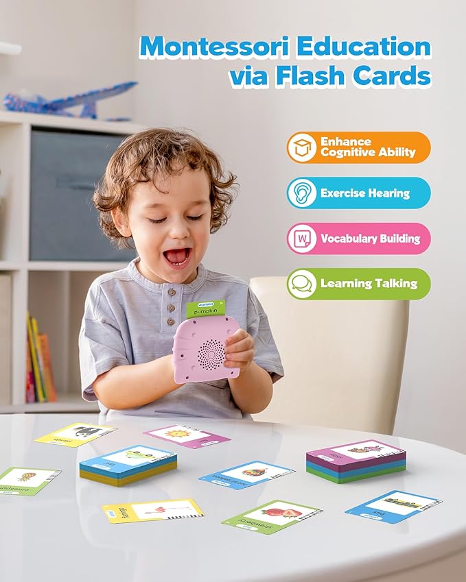 Talking Flash Cards for Toddlers 1 2 3 4 Year Olds, Montessori Language Learning with 224 Words, Pocket Speech Therapy and Autism Playthings, Children's Sensory Educational Device, Pink