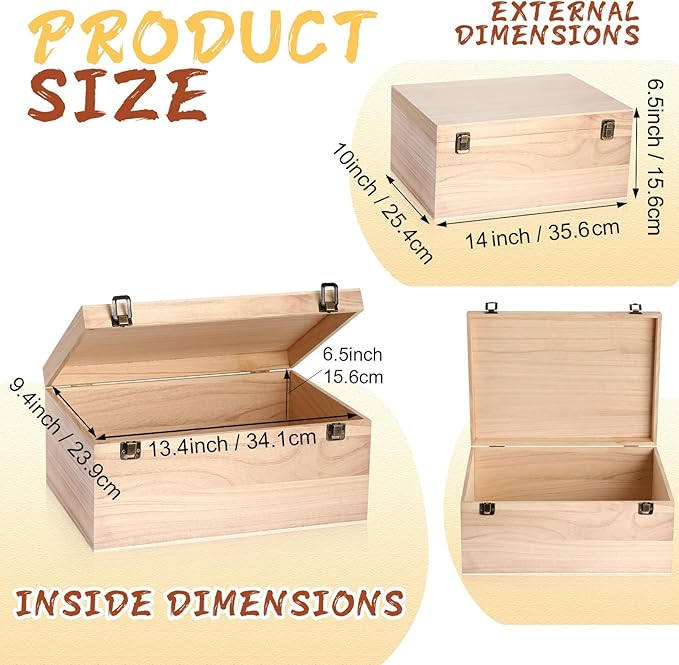 Wesiti 2 Pcs Unfinished Wooden Box 14 x 10 x 6.5 Inch Treasure Chest Craft Box with Hinged Lid Rustic Large Paint Box Stash Crate for Storage Carving DIY Gift