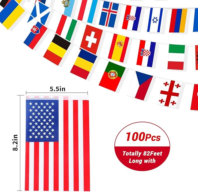 International Flags of The World 100 Countries Pennant Bunting World Flag Banner for Themed Parties, Grand Openings, Around the World Decorations