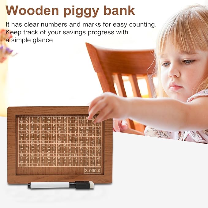 10000 Savings Challenge Box, Money Saving Box with Money Target and Numbers, Cash Vault Wooden Savings Box, Wooden Money Box, Coin Counter Piggy Bank for Adults, Wooden Coin Bank for Kids 3,000
