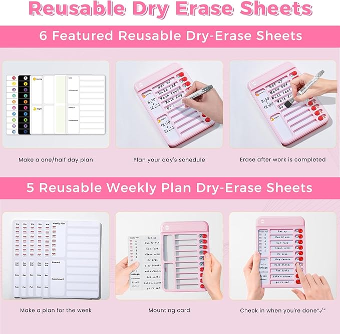 Chore Chart for Kids, Visual Schedule for Kids with Autism, Chart Board with 12 Reusable Sheets, Routine Chart Dry Erase Board for Kids, Magnetic Chore Chart for Fridge, Desk, Home - Pink