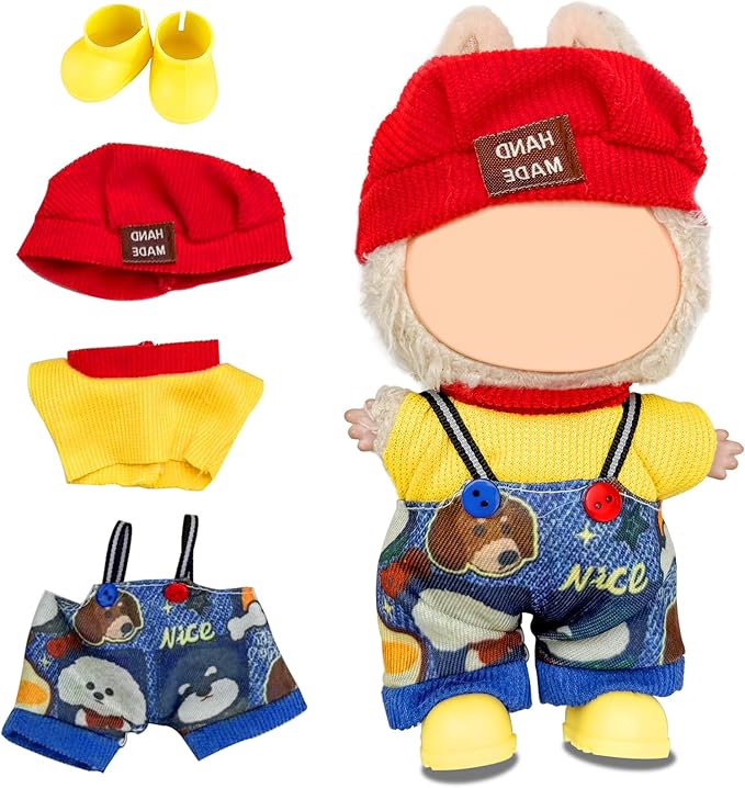 17cm Doll Clothes Set (No Doll), 4 Pieces Outfit Set for 6.7inch Dolls Suit, Fashion Clothes Accessories Dress-Up,Includes—Chic Hat+Top+Cute Overalls+ Shoes(Style B)