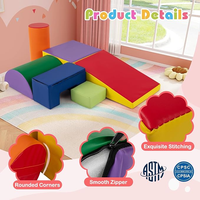 HONEY JOY 6-Piece Climb and Crawl Playset, Soft Climbing Foam Block Activity Play Structure Gym Equipment for Infant Baby, Color Coordination, Waterproof Indoor Climbing Toys for Toddlers (Purple)