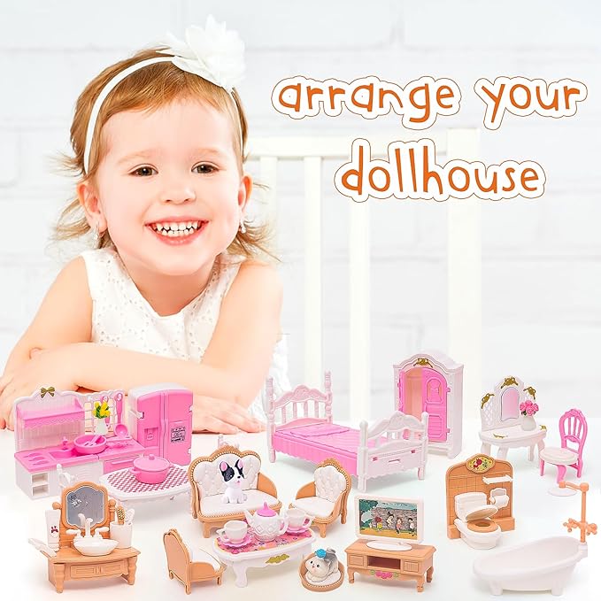 Doll House Mini Furniture 45 Pcs Dollhouse Furniture Set Accessories Pretend Play Bedroom Living Room Bathroom Kitchen for Kids Birthday and Christmas Mixed Color