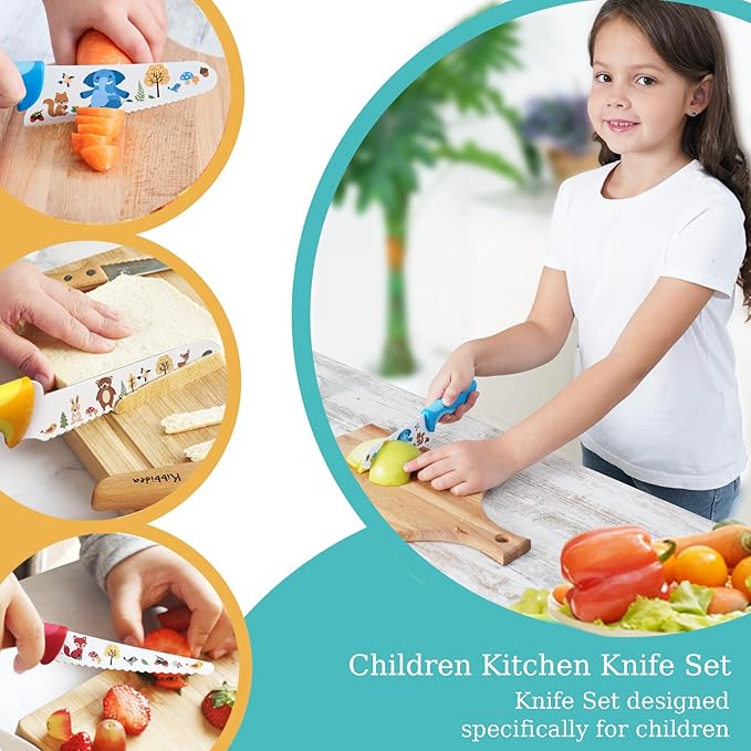 Kibbidea Kids Knife Set for Real Cooking, 4pcs Kids Safe Kitchen Cutting Knives, Stainless Steel Blades, Children First Starter knife, BPA-free (Multicolor)