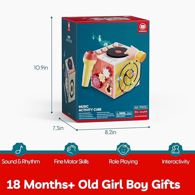 TOP BRIGHT Musical Activity Cube, Montessori Toys for 2 3 4 Year Old Toddlers, Baby DJ Table with Songs, Baby Activity Center with Bead Maze, First Birthday for Girls Boys 18 Months+