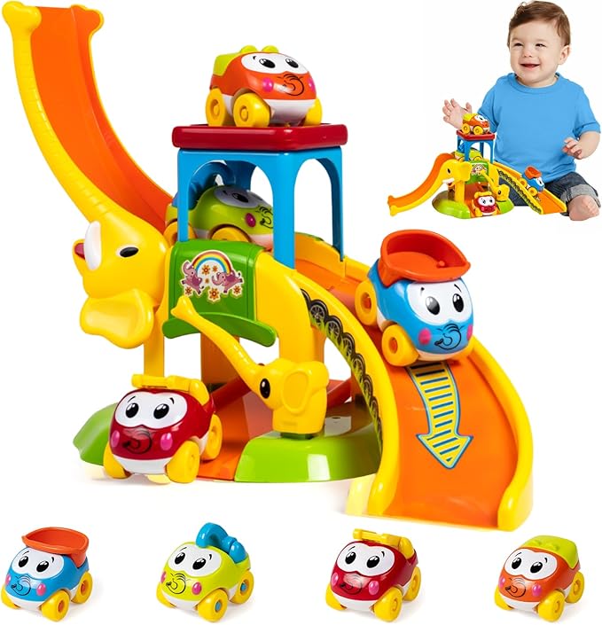 Marstone Toddler Toys for 1 2 Year Old Boys and Girls Gifts: Educational Elephant Slide with 4 Animal Car Toys for Baby 12-18 Months, First for Kids, Learning Push Truck Tracks Age 1-2
