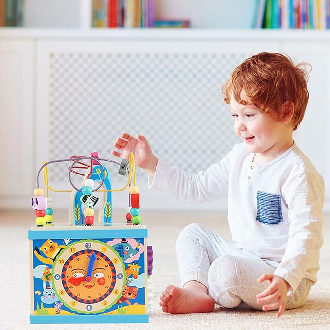 Qilay Wooden Activity Cube for Toddlers, 5 in 1 Multipurpose ABC-123 Abacus Early Educational Montessori Toys, Learning Toys for 3 Year Old | Bead Maze, Great for Boys Girls