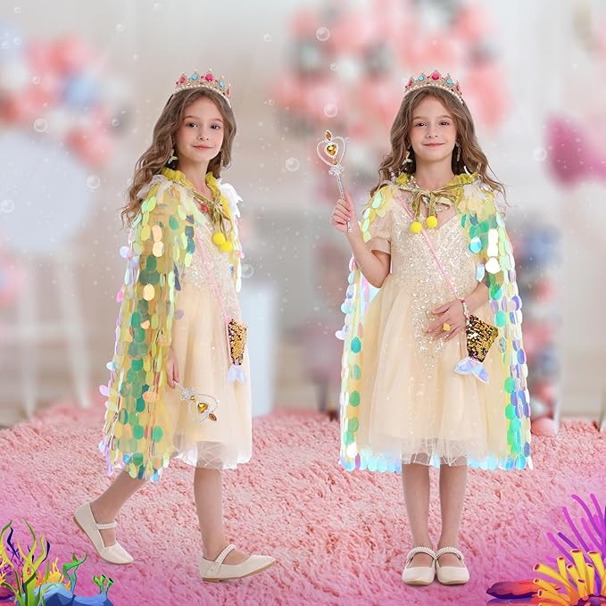 Princess Dress Up Toys Princess Dress Up Clothes Rainbow Mermaid Cape Kit 9 Pcs Gift Set for Little Girls 3-8 Years