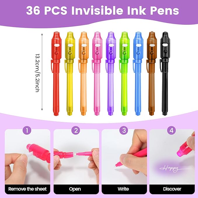 Invisible Ink Pen with UV Light, 36 Pcs Spy Pens, Party Favors for Kids 8-12 4-8, Classroom Prizes for Students, Magic Marker for Secret Messages, Party Birthday Halloween Goodies Christmas Stuffers