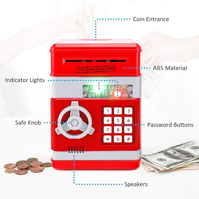 Electronic Piggy Bank for Kids, Mini ATM Coin Bank Money Saving Box with Password, Children's Safe Money Jar with Auto Grab Bill Slot, Great Gift Toy Bank for Boys, Girls