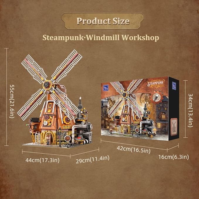 PANTASY Steampunk Windmill Workshop Building Set - Dutch Windmill Architecture with Mechanical Drive with Motorized Rotating Blades,Gear Details,and Openable Wall - Collectible Display Kit for Adults