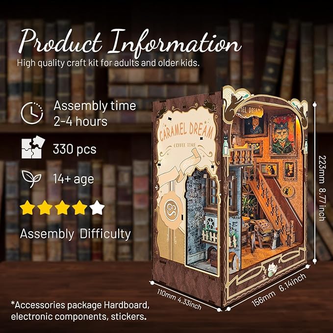 Book nooks DIY Dollhouse Kit for Adults 3D Stereo Assembly Night Light Sensing Wooden Bookend Jigsaw Building Model Gifts for Family,Friends (Caramel Dreams)