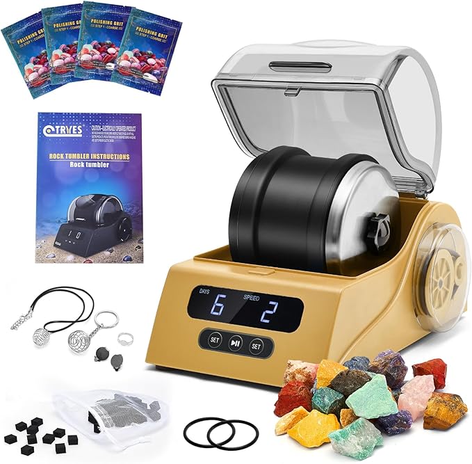 Rock Tumbler Kit Adults - Rock Polisher Tumbler with Noise Reduction Cover, Speed&Timer Control, Includes 4 Polishing Grits, Rough Gemstones, Learning Guide etc. (Yellow)