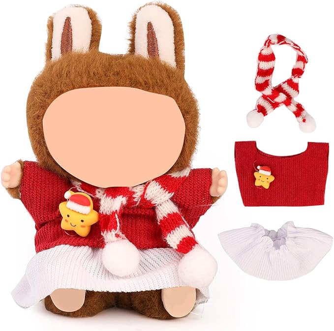 Doll Clothes for Labubu(NO Doll), for 17/15cm Plush Dolls, Clothing Suit Toy Figurine Outfit Set Dress Up with Kawaii Style Accessories, Skirt or Overall and Cute Hat or Headwear (SD8)