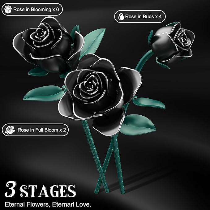 Black Rose Building Blocks Set for Kids, 634PCS Flower Bouquet Brick Toy, Romantic Gift for Girls, Women, Valentine's Day, Birthday, Mother's Day, Halloween, DIY Artificial Plant for Home Decor