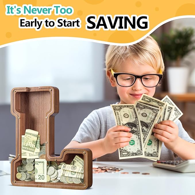 Summidate Customized Name Extra Large Wooden Piggy Bank for Kids Boys Girls Alphabets Letter A-Z Coins Bills Money Change Saving Box Clear Cover (Laser Engraved) Educational Toys 12"- Letter L