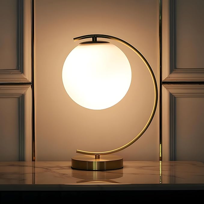 KCO Lighting Mid-Century Bedside Table Lamp Modern Glass Ball Desk Lamp Gold Reading Lamp Moon Shape Metal Table Light for Bedroom Living Room Office
