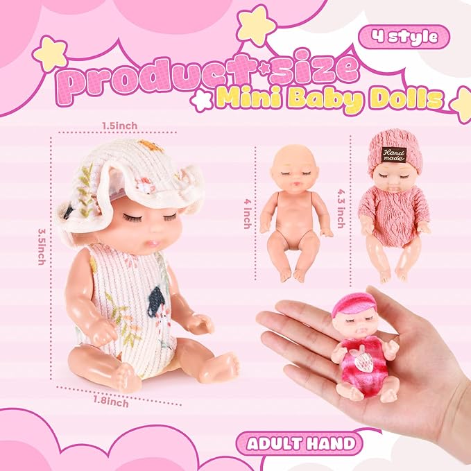 Hanaive 4 Pcs 4 Inch Mini Baby Dolls Lifelike Realistic Baby Dolls Animal Clothes Cute Tiny Gifts for Kids Birthday Party(Homey Style)