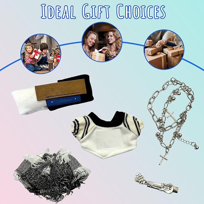 5-Piece Set Clothes for 17cm Doll - Fashion Style Dress Up Doll Outift Set with T Shirt, Pants, Headband, Necklace, Brooch