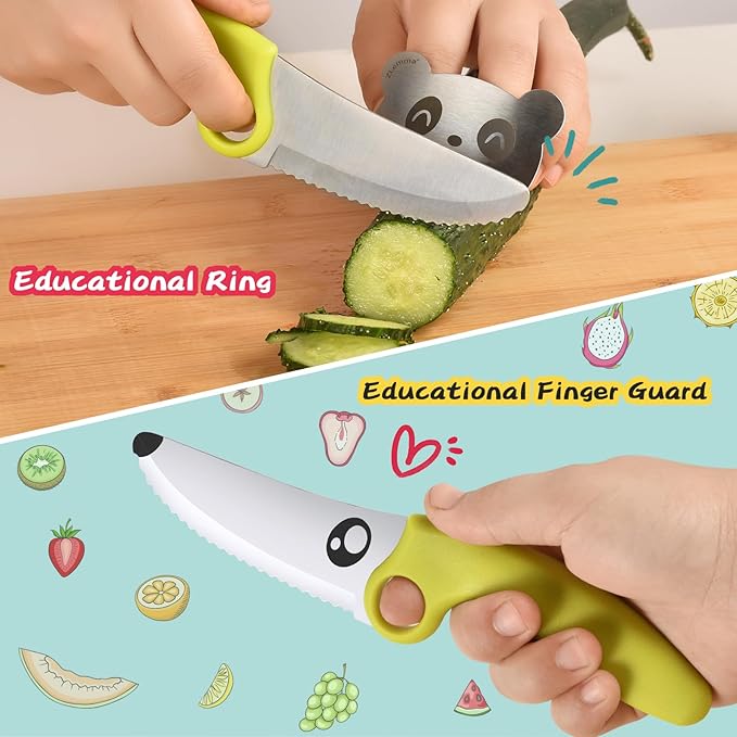 Kids Knife Set for Real Cooking Cutting Training with Finger Guard & Educational Ring, Real Chef Knife for Boys & Girls Montessori Kitchen Cooking Tool Set (Green)