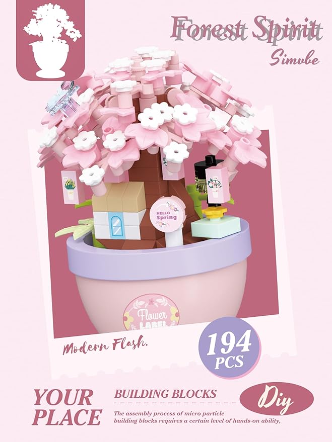 Cherry Cottage Mini Bonsai Tree Micro Building Set Building Toy Plant Cherry Tree Flower Collection Decor for Home Desk Greenery Decoration Building Blocks DIY Creative Gifts