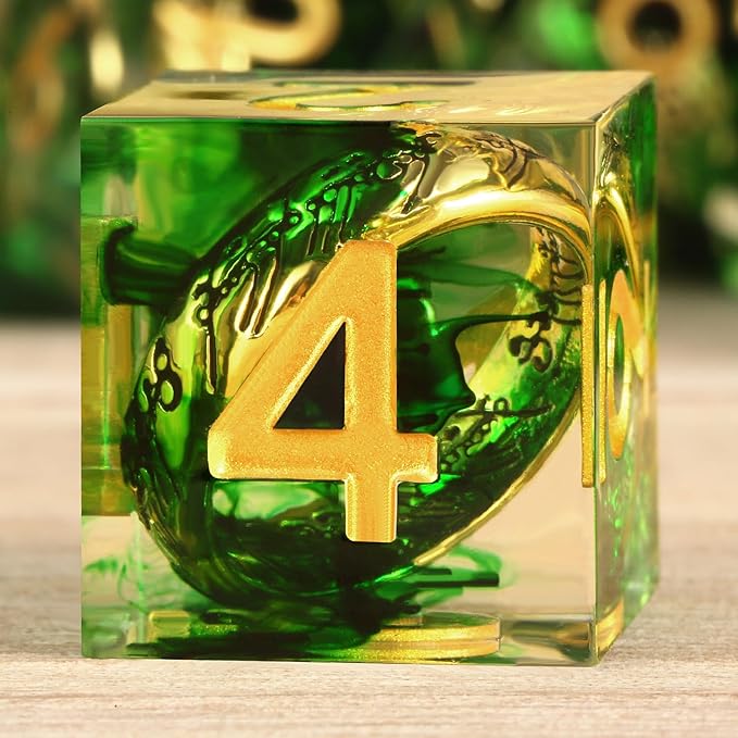 DNDND Magic Lord Rings DND Dice Set with Gift Case 7-Piece Resin Sharp D&D Dice Set with Golden Rings for RPG Dungeons & Dragons Tabletop Game (Green)