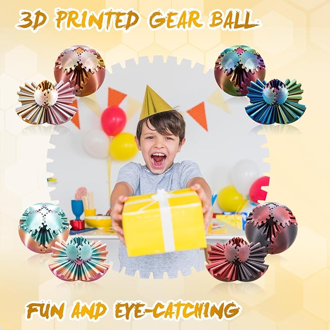 Gear Ball-3D Printed Gear Sphere,3D Printed Spin Ball Cube Fidget Toy,The Steampunk Whirling Wonder Fidget Ball Toy (Gold)