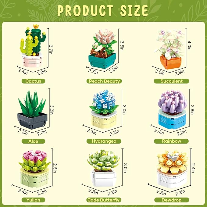 9 Pack Tiny Flowers Succulents Botanical Collection Building Sets 832PCS Compatible with Lego Artificial Plant Set for Home Office Décor Block Toy Bonsai Building Toys Creative Gifts Idea for Girls 6+