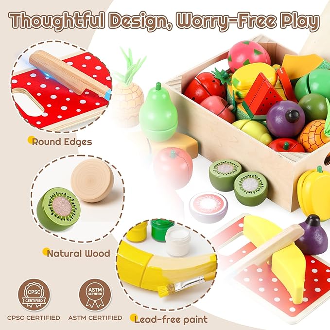35PCS Wooden Play Food for Toddlers, Pretend Food Toys Play Kitchen Accessories with Storage Basket, Learning Cards, Cutting Food Fruits Toys Montessori Toys Gift for Kids Girls Boys Age 3 4 5 6
