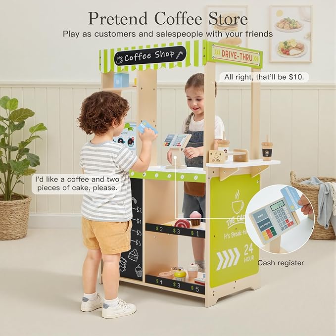 Frogprin 24 Pcs Pretend Play Coffee Shop, Kids Grocery Store Set, Wooden Drive-Thru Window, Coffee Maker, Oven, Cash Register, Bakery Toys Food Accessories Gift for Boys Girls 3+ Years Old